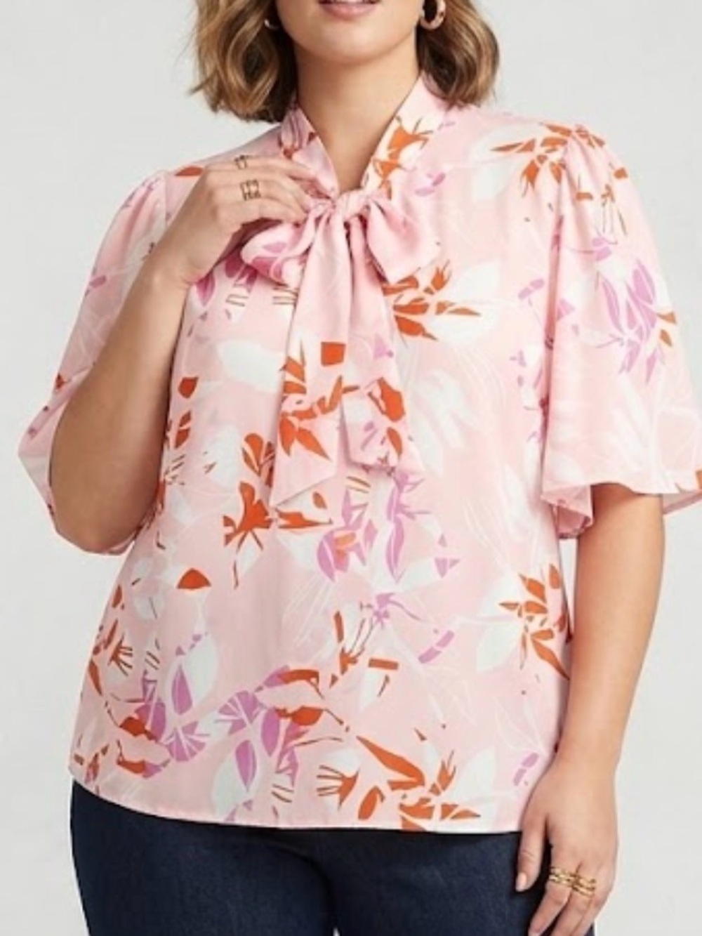 Eloquii Pink Floral Bow-Tie Blouse